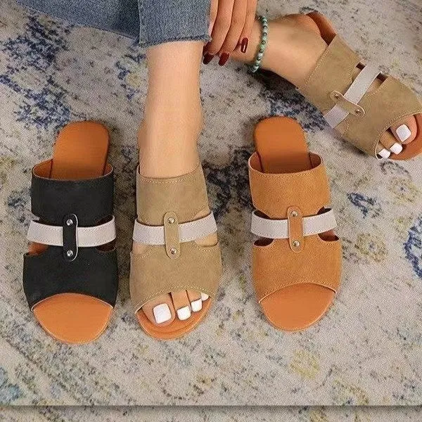 Women's fish mouth belt buckle flat slide sandals in suede for summer beach wear