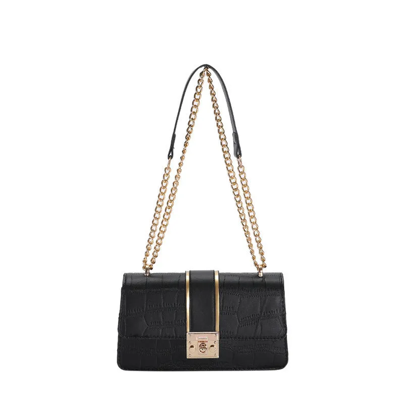 Horizontal square PU shoulder bag in khaki with contrast stitching and chain strap on a white background