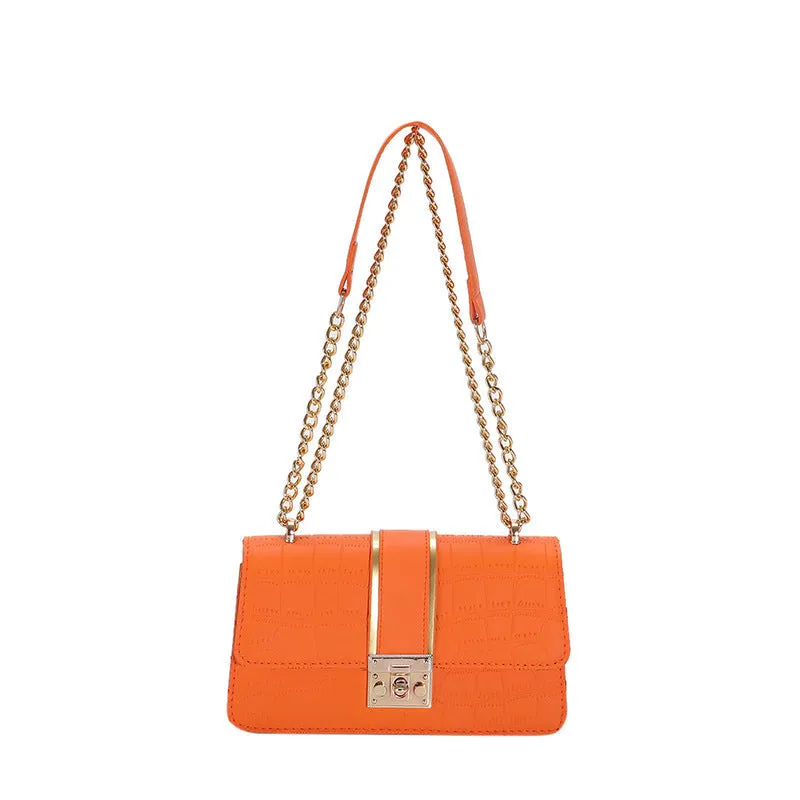 Horizontal square PU shoulder bag in khaki with contrast stitching and chain strap on a white background