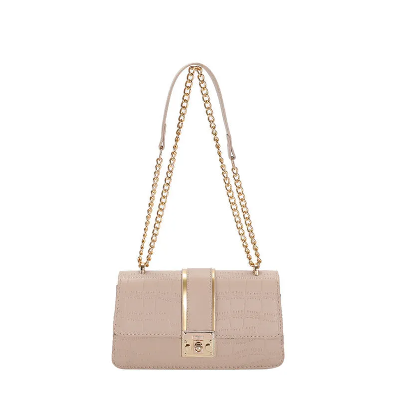 Horizontal square PU shoulder bag in khaki with contrast stitching and chain strap on a white background