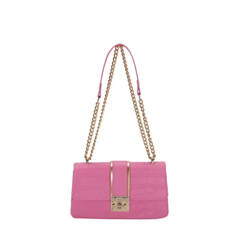 Horizontal square PU shoulder bag in khaki with contrast stitching and chain strap on a white background