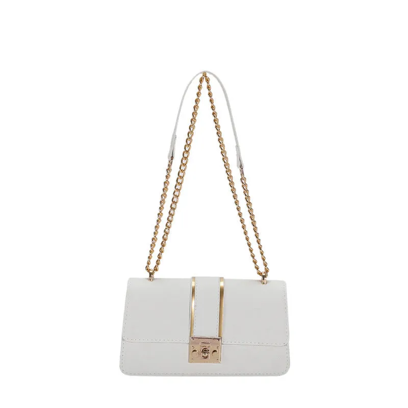 Horizontal square PU shoulder bag in khaki with contrast stitching and chain strap on a white background