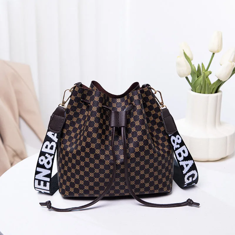 Printed PU bucket bag multi-layer soft leather women's crossbody shoulder bag brown front view