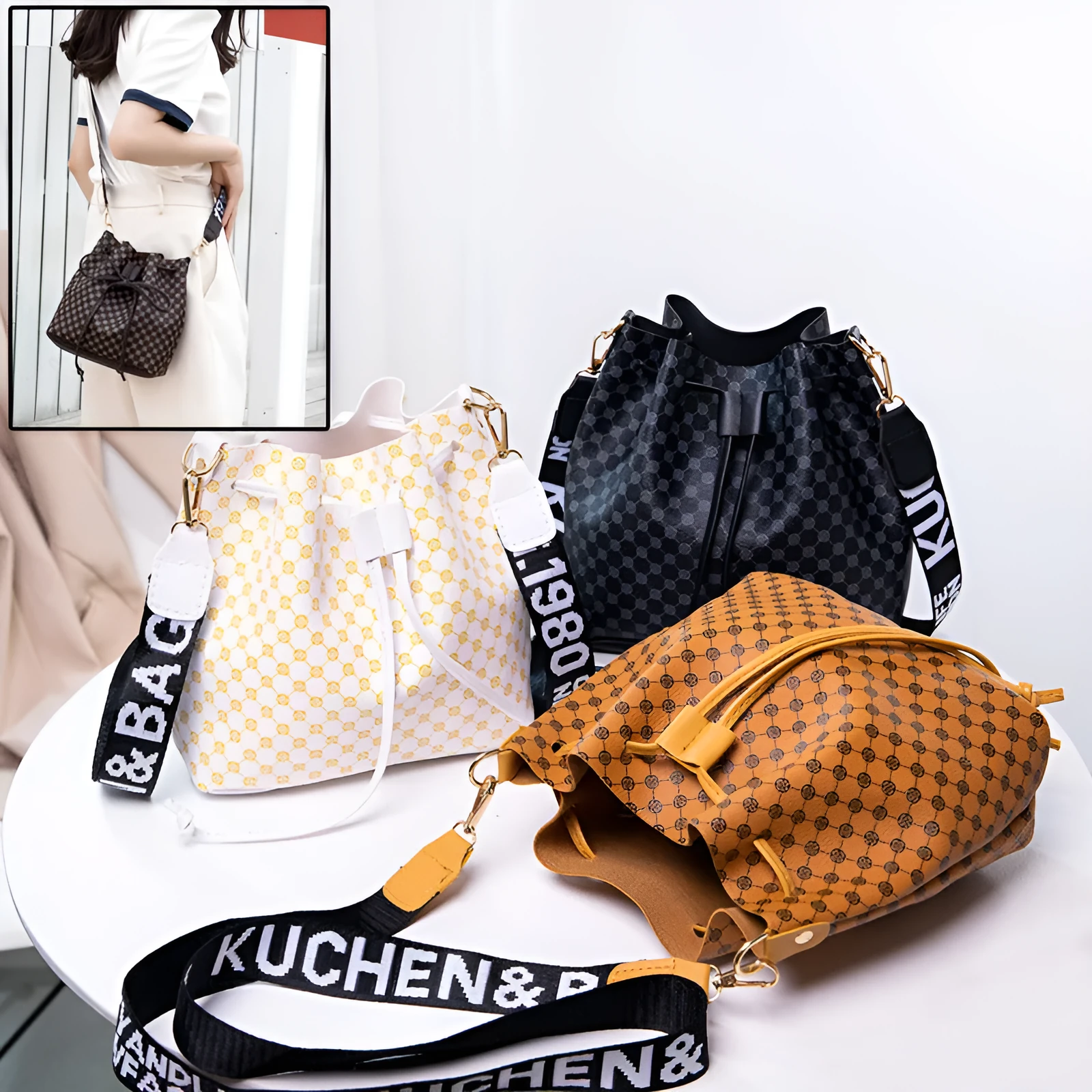 Printed PU bucket bag multi-layer soft leather women's crossbody shoulder bag brown front view