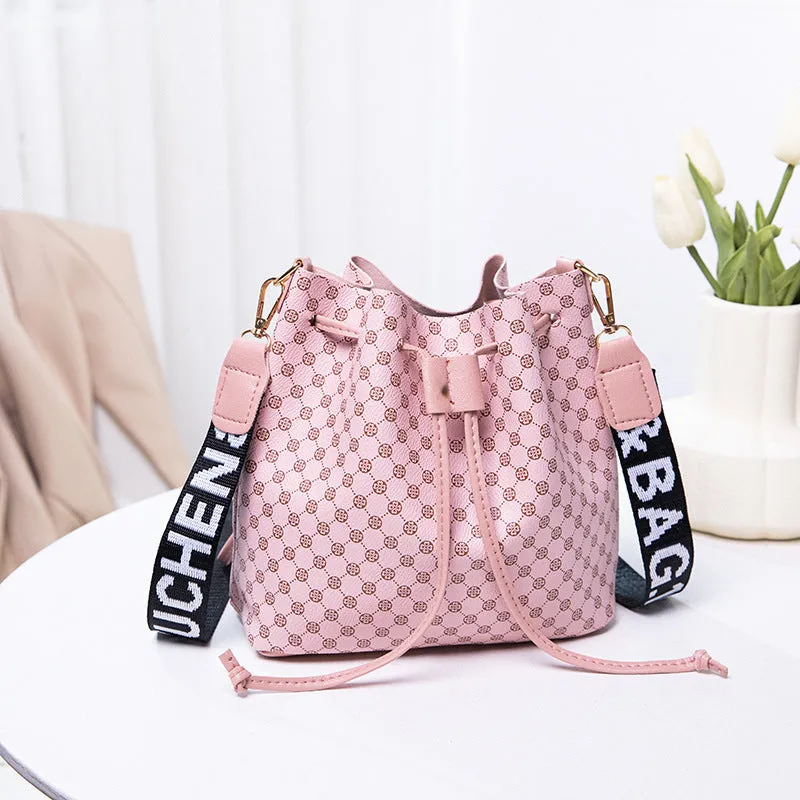 Printed PU bucket bag multi-layer soft leather women's crossbody shoulder bag brown front view