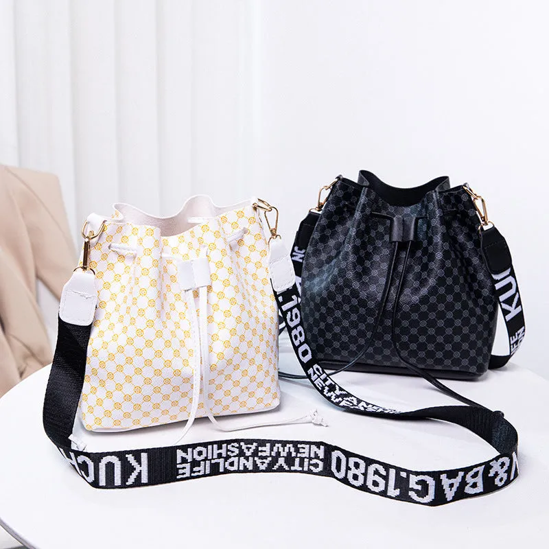 Printed PU bucket bag multi-layer soft leather women's crossbody shoulder bag brown front view
