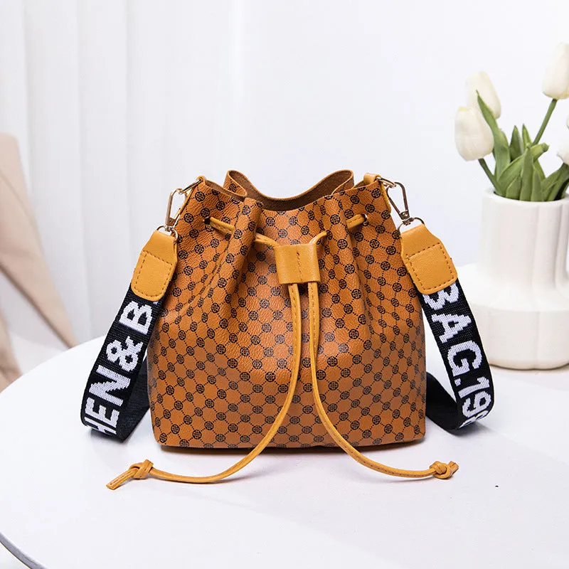 Printed PU bucket bag multi-layer soft leather women's crossbody shoulder bag brown front view