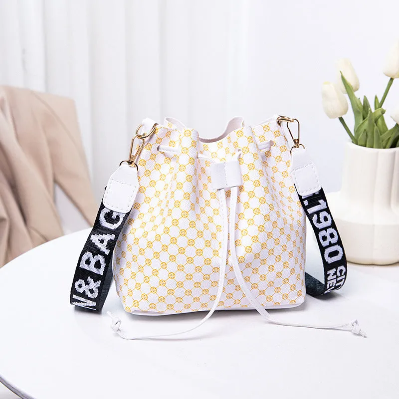 Printed PU bucket bag multi-layer soft leather women's crossbody shoulder bag brown front view
