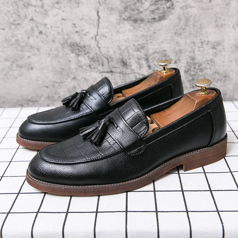 Men's spring leisure artificial PU leather shoes with sewing thread detail, low-top round toe, in black G576 and brown G576