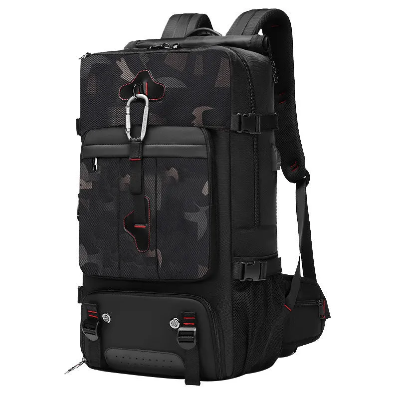 Large capacity 36-55L waterproof Oxford cloth hiking camping backpack in Army Green with curved shoulder straps