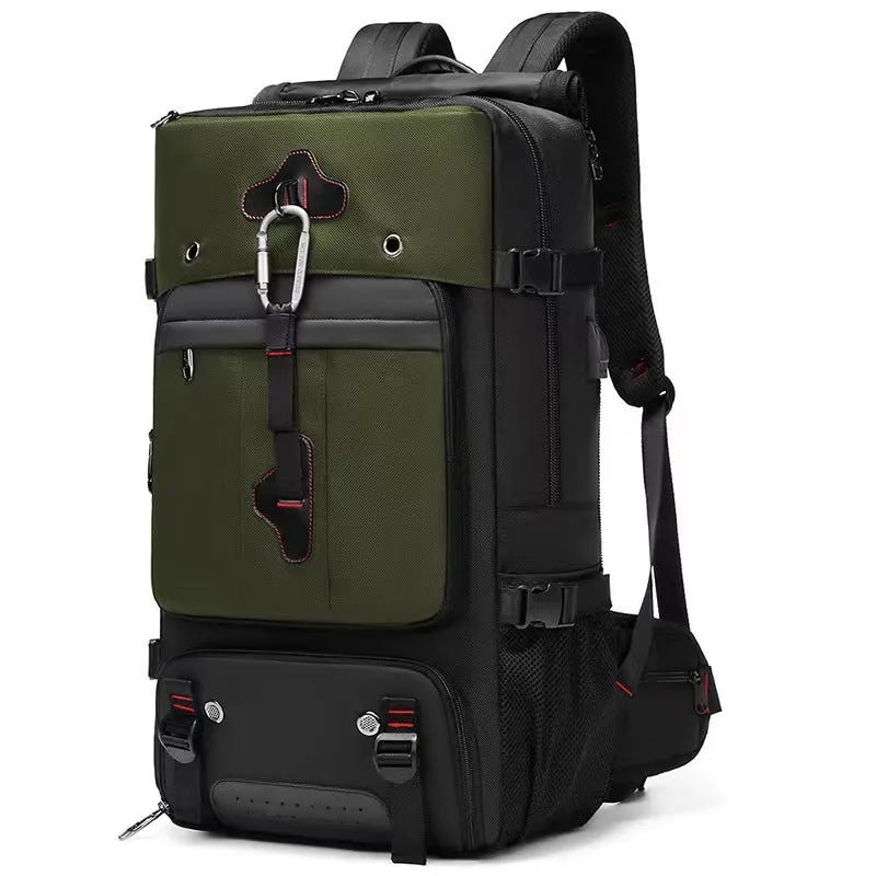 Large capacity 36-55L waterproof Oxford cloth hiking camping backpack in Army Green with curved shoulder straps