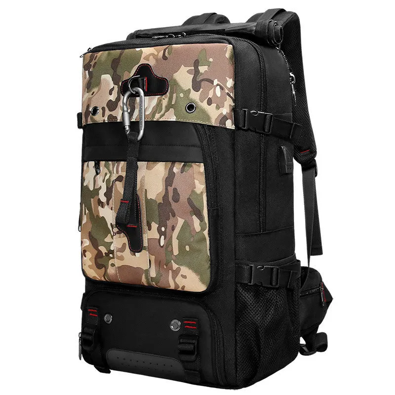 Large capacity 36-55L waterproof Oxford cloth hiking camping backpack in Army Green with curved shoulder straps
