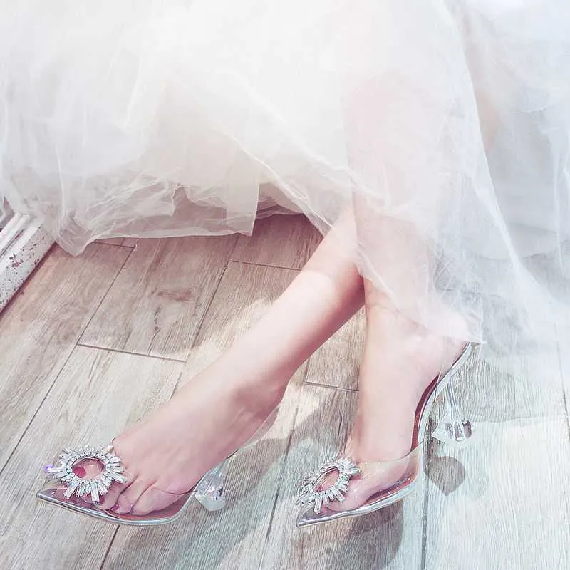 Silver rhinestone pointed toe slingback pumps with clear heel, 7cm or 9cm height, rubber sole