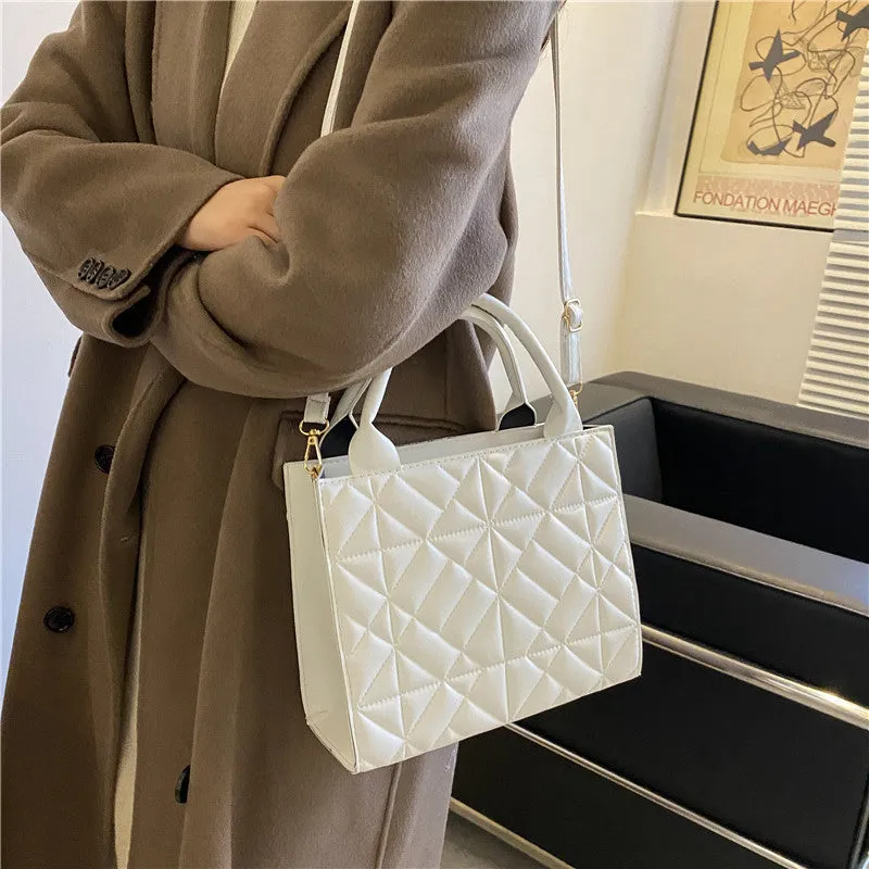 Simple portable large capacity shoulder bag for women retro PU solid colour double straps sandwich pocket