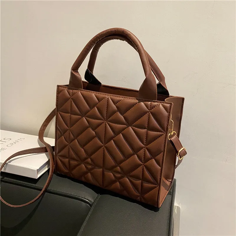 Simple portable large capacity shoulder bag for women retro PU solid colour double straps sandwich pocket