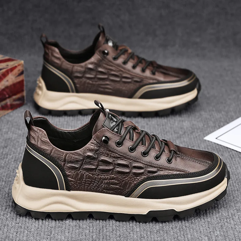 Men's business casual flat leather shoes round toe lacing low heel artificial PU black brown