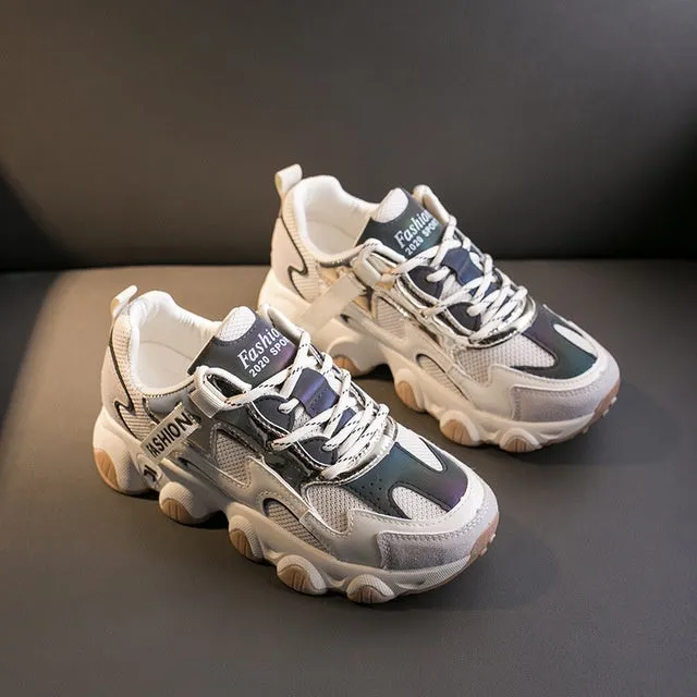 Breathable wild daddy shoes for women with mid heel and non-slip rubber sole in beige