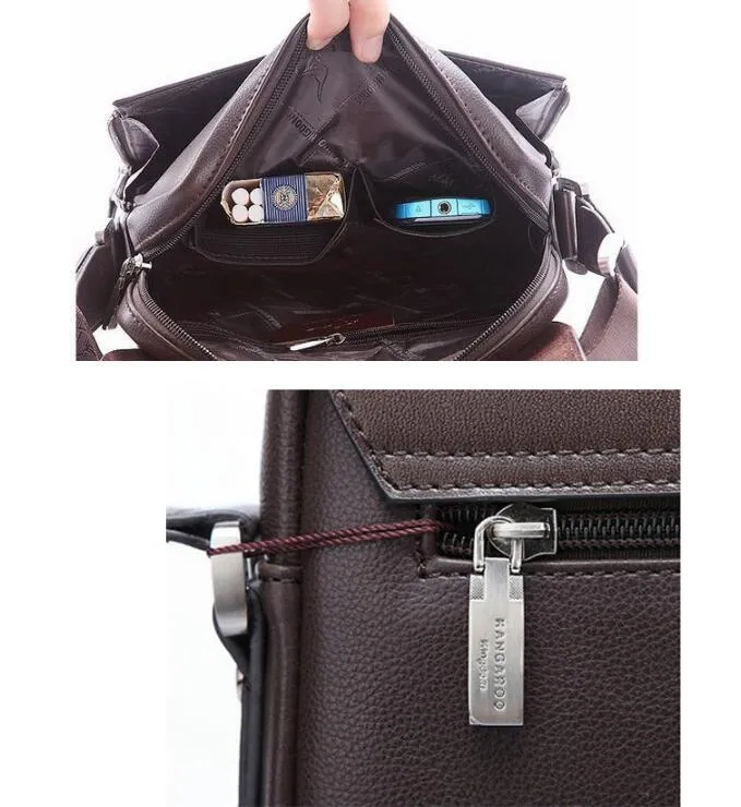 Men's PU leather messenger bag solid colour vertical model in Brown with cover closure and slit pocket