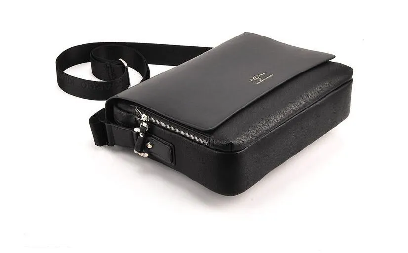 Men's PU leather messenger bag solid colour vertical model in Brown with cover closure and slit pocket