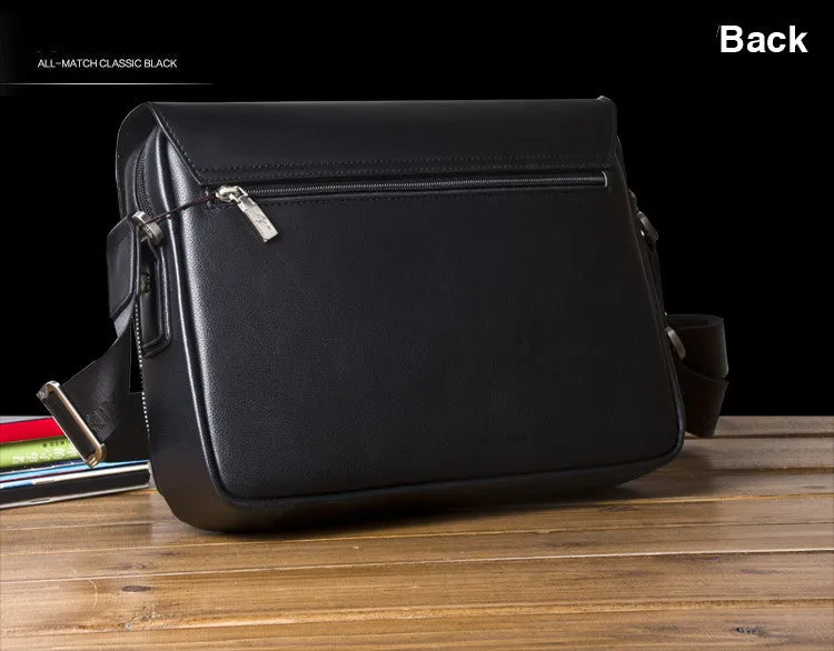 Men's PU leather messenger bag solid colour vertical model in Brown with cover closure and slit pocket