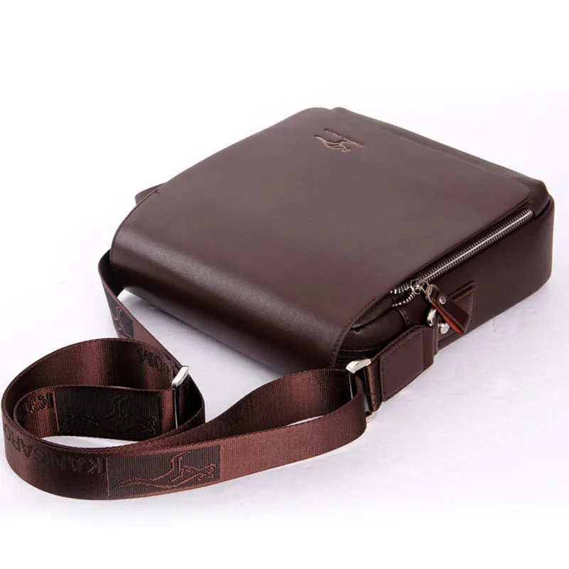 Men's PU leather messenger bag solid colour vertical model in Brown with cover closure and slit pocket