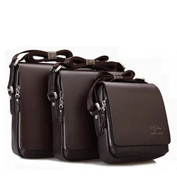 Men's PU leather messenger bag solid colour vertical model in Brown with cover closure and slit pocket
