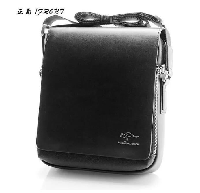 Men's PU leather messenger bag solid colour vertical model in Brown with cover closure and slit pocket