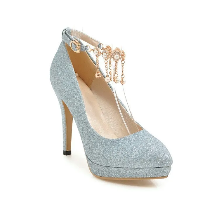 Women's blue platform high heels with a stiletto heel on a white background