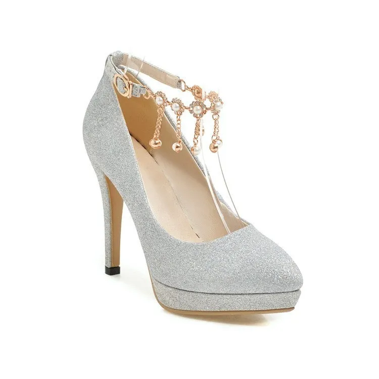 Women's blue platform high heels with a stiletto heel on a white background