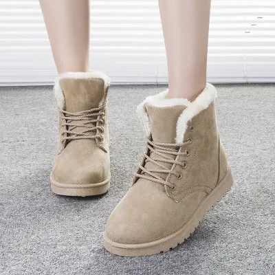 Women's lace up platform snow boots in suede with faux fur lining, flat heel, round toe, available in multiple colours