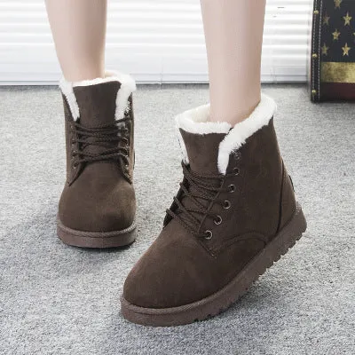 Women's lace up platform snow boots in suede with faux fur lining, flat heel, round toe, available in multiple colours