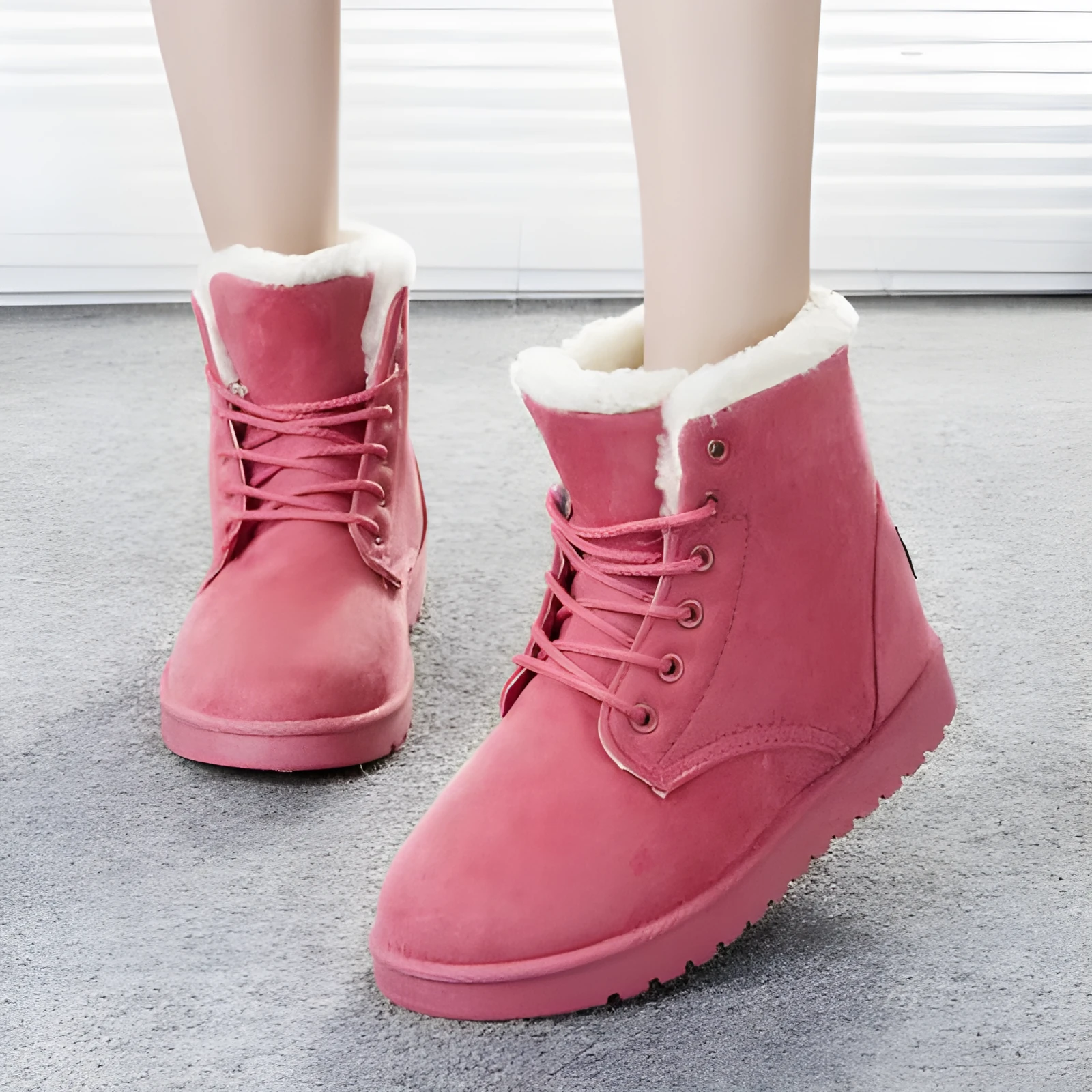 Women's lace up platform snow boots in suede with faux fur lining, flat heel, round toe, available in multiple colours