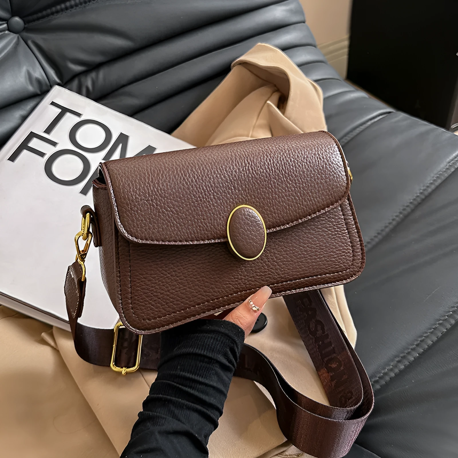 Fashion small square bag with wide shoulder strap in horizontal shape, PU material, khaki colour