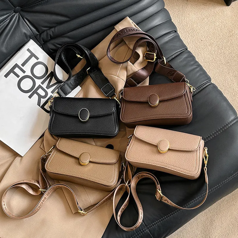 Fashion small square bag with wide shoulder strap in horizontal shape, PU material, khaki colour
