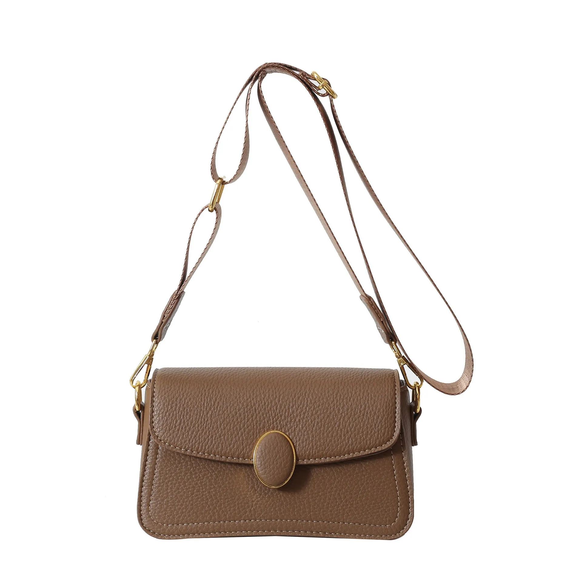 Fashion small square bag with wide shoulder strap in horizontal shape, PU material, khaki colour