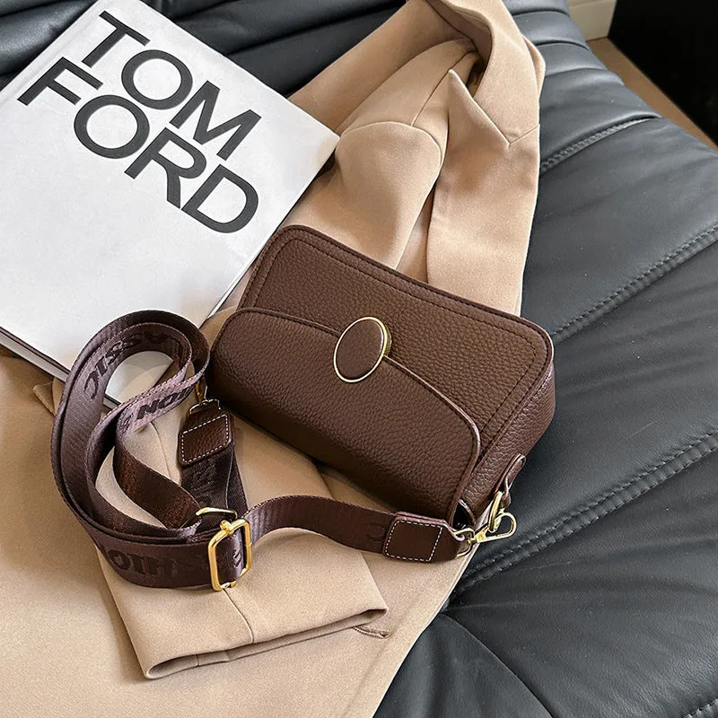 Fashion small square bag with wide shoulder strap in horizontal shape, PU material, khaki colour