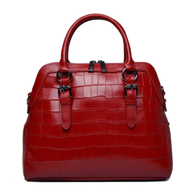 Genuine leather handbag in wine red with double shoulder straps and soft handle