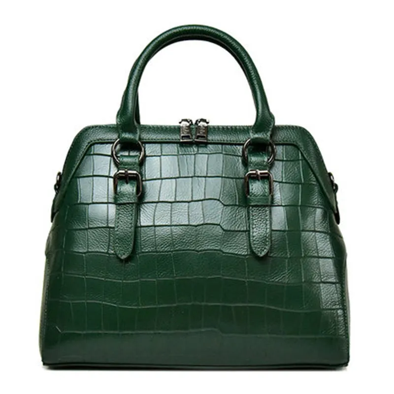 Genuine leather handbag in wine red with double shoulder straps and soft handle