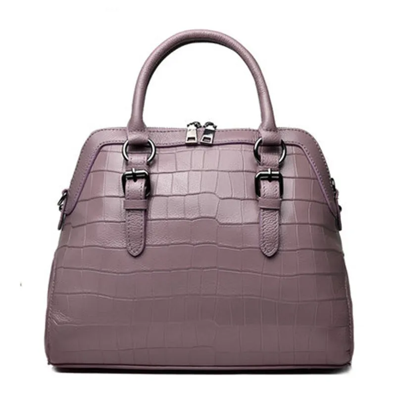 Genuine leather handbag in wine red with double shoulder straps and soft handle