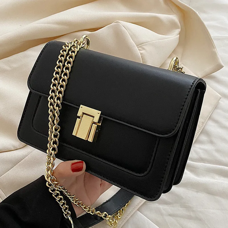 New fashion all-match summer chain messenger bag PU solid colour cross square shoulder bag with lock chain handle available in black green white yellow