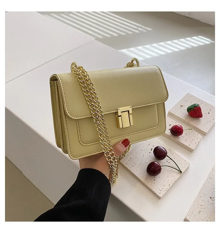 New fashion all-match summer chain messenger bag PU solid colour cross square shoulder bag with lock chain handle available in black green white yellow