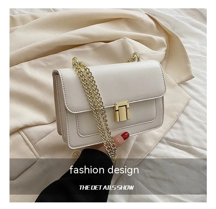 New fashion all-match summer chain messenger bag PU solid colour cross square shoulder bag with lock chain handle available in black green white yellow