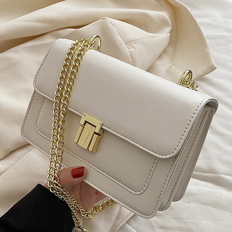 New fashion all-match summer chain messenger bag PU solid colour cross square shoulder bag with lock chain handle available in black green white yellow