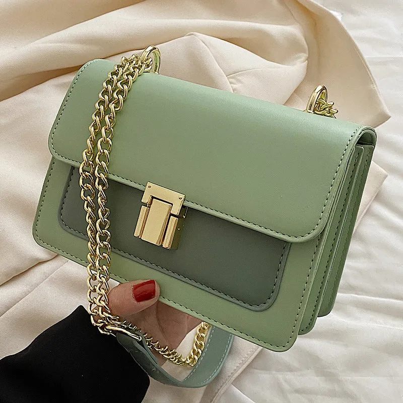 New fashion all-match summer chain messenger bag PU solid colour cross square shoulder bag with lock chain handle available in black green white yellow