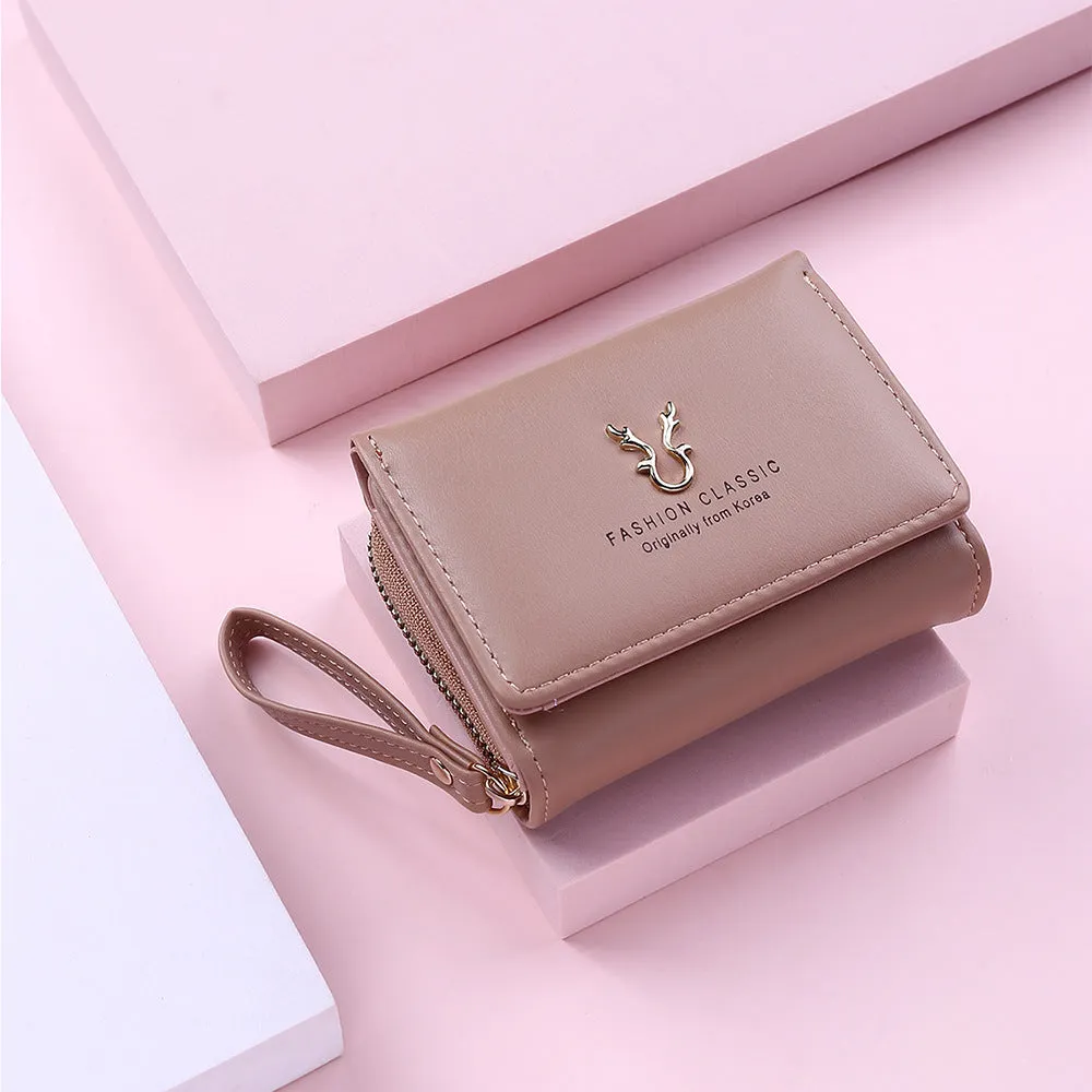 New women's PU leather short triple fold wallet with colour contrast block in Purple