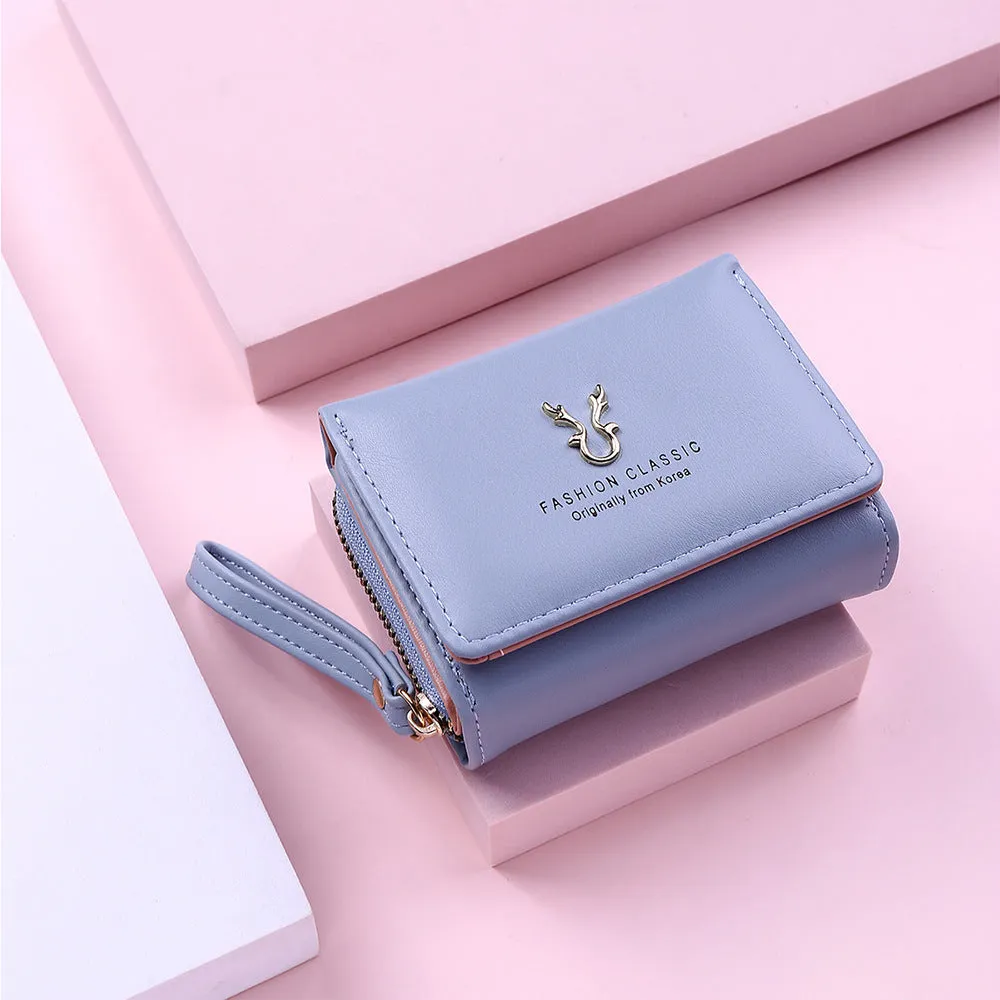 New women's PU leather short triple fold wallet with colour contrast block in Purple