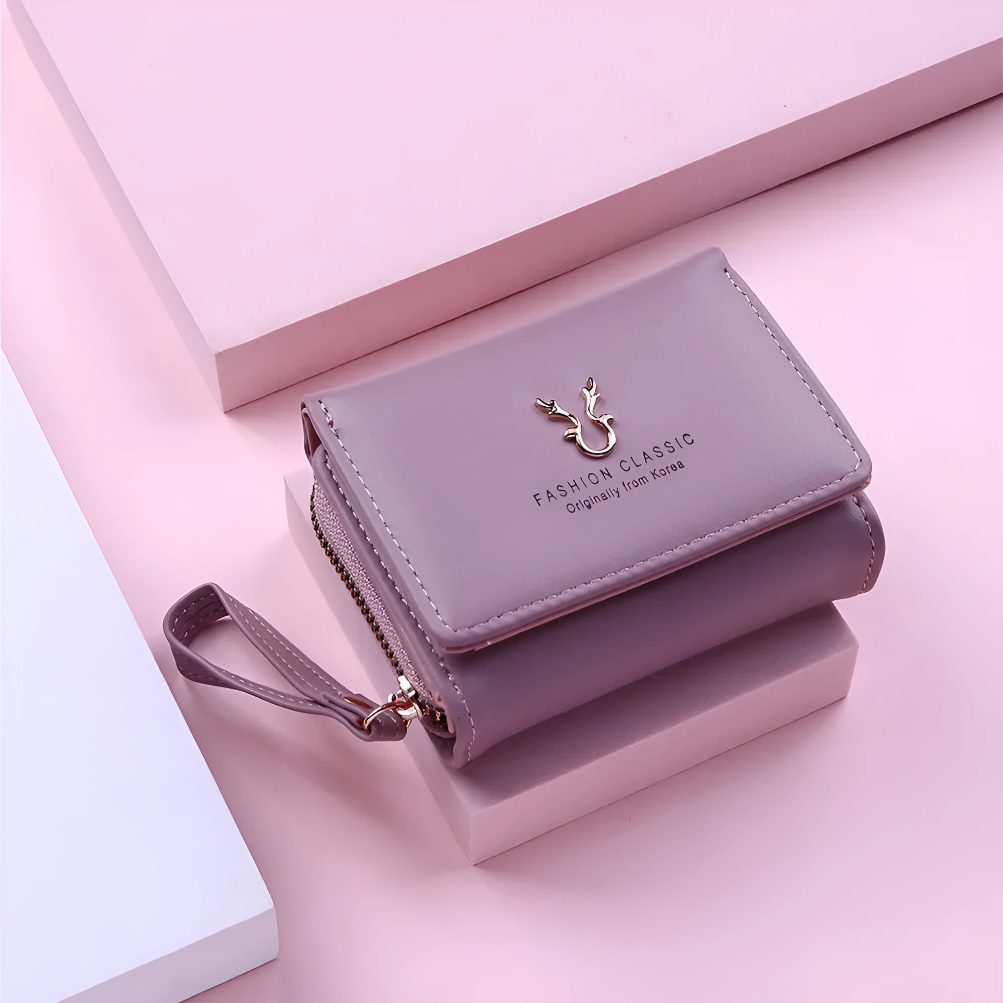 New women's PU leather short triple fold wallet with colour contrast block in Purple