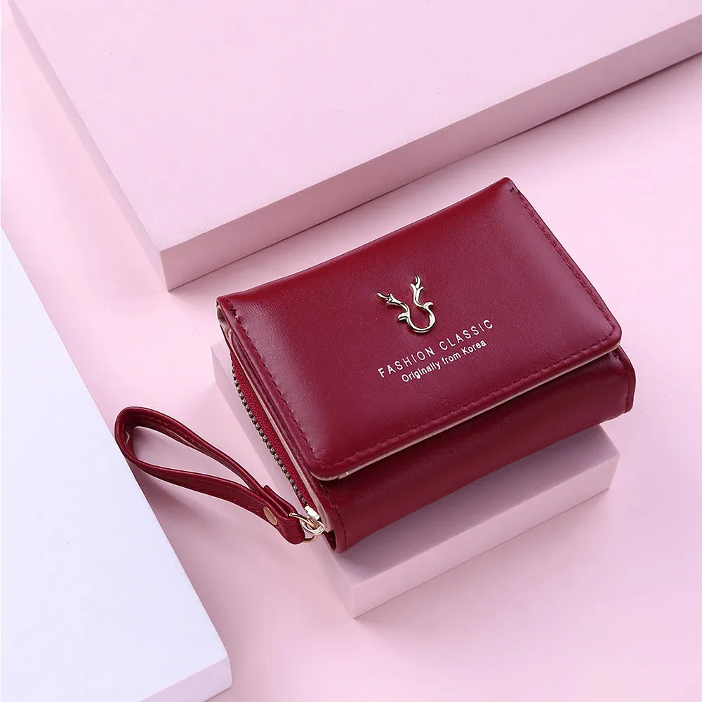 New women's PU leather short triple fold wallet with colour contrast block in Purple