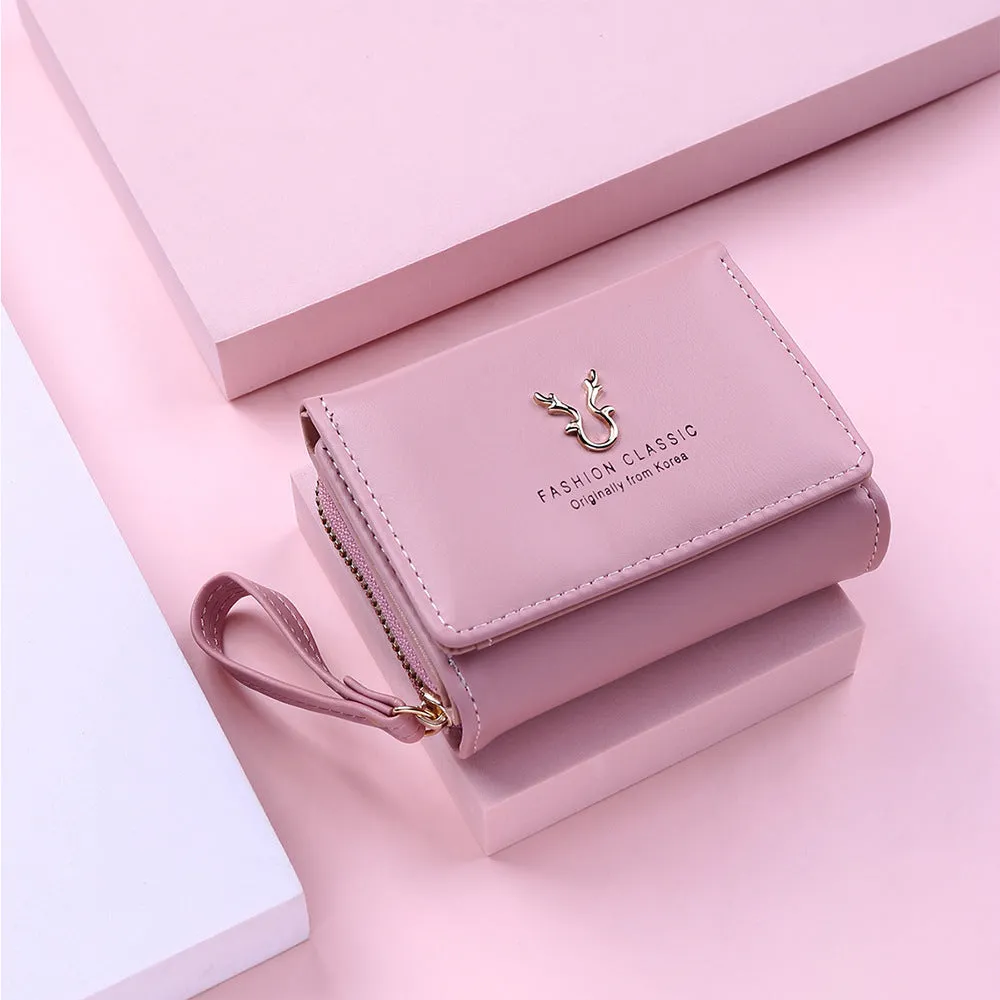 New women's PU leather short triple fold wallet with colour contrast block in Purple