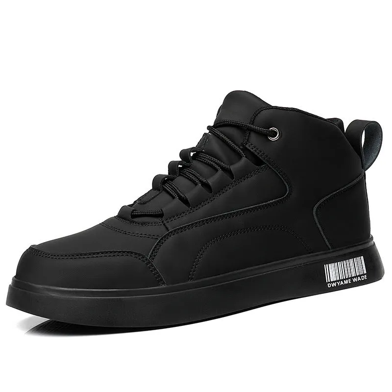 Men's white mid-top casual lace-up shoes with round toe and rubber sole.